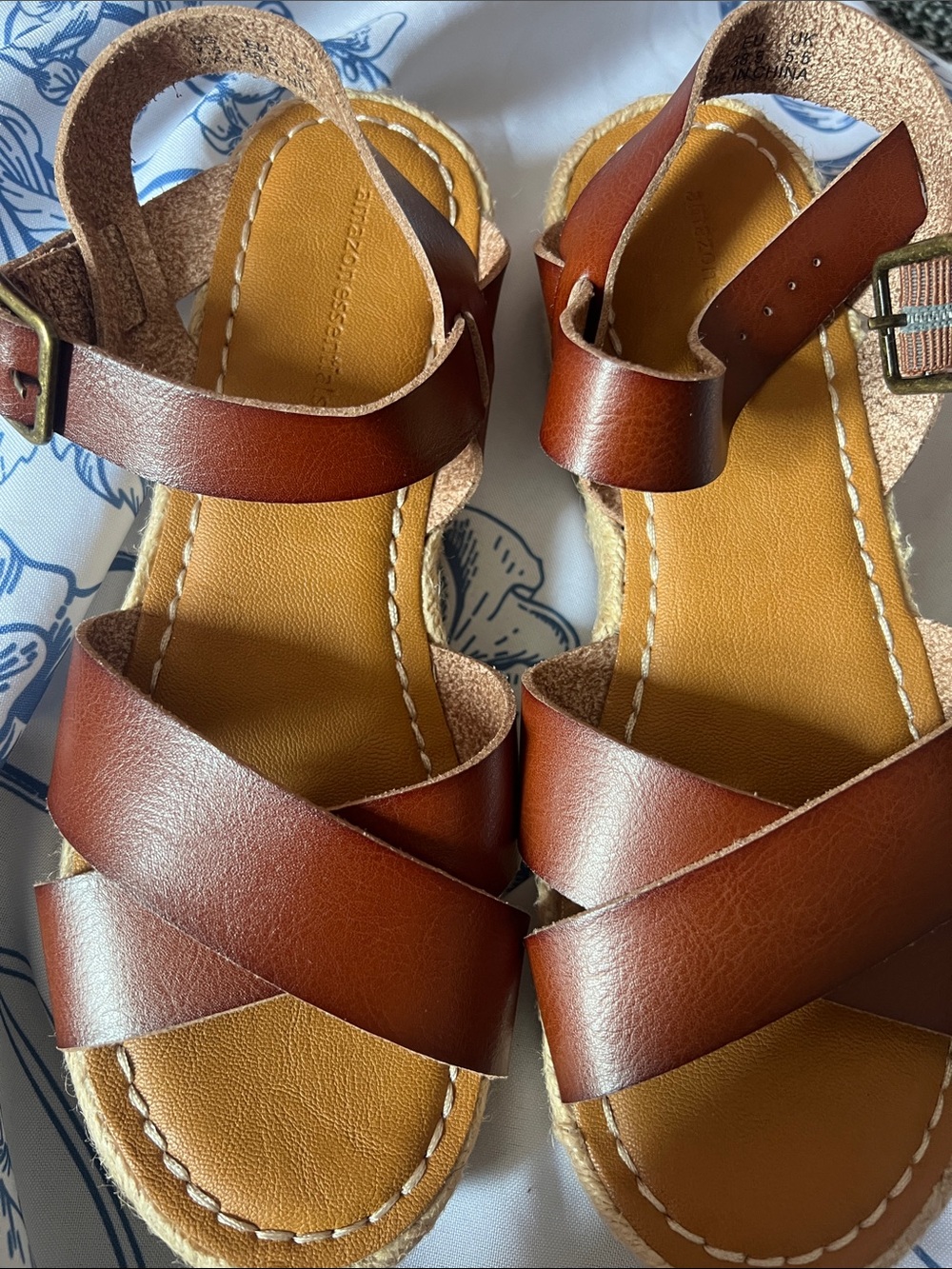 Amazon Essentials Brown Leather Crisscross Espadrille Sandals
